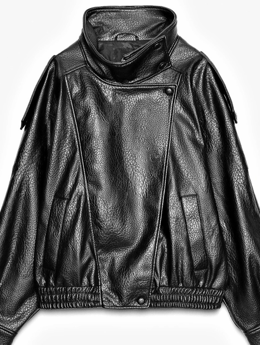 ZARA Viral Funnel Neck Faux Leather Bomber Jacket in Black Size S